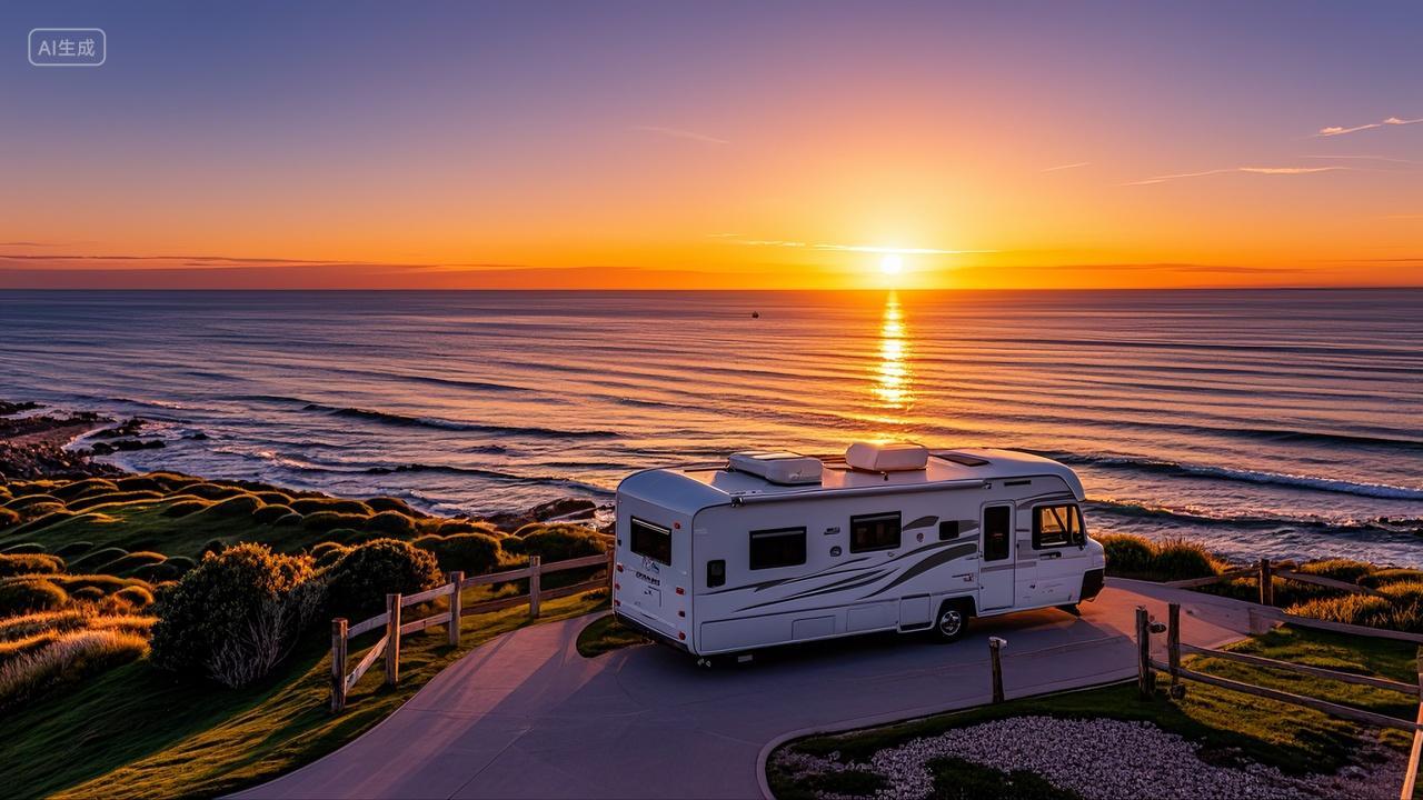 夕阳下海边的房车旅行宣传风景壁纸