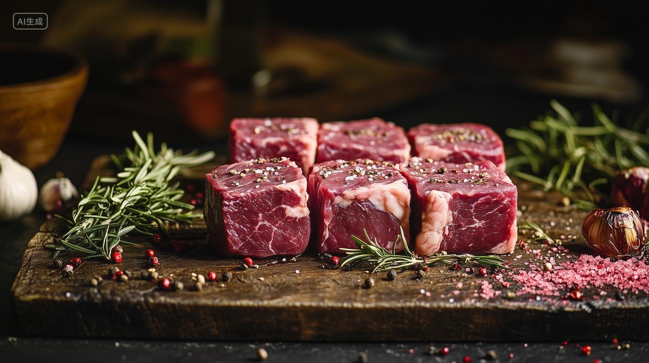 美食桌子上一盘原切黑椒牛肉粒