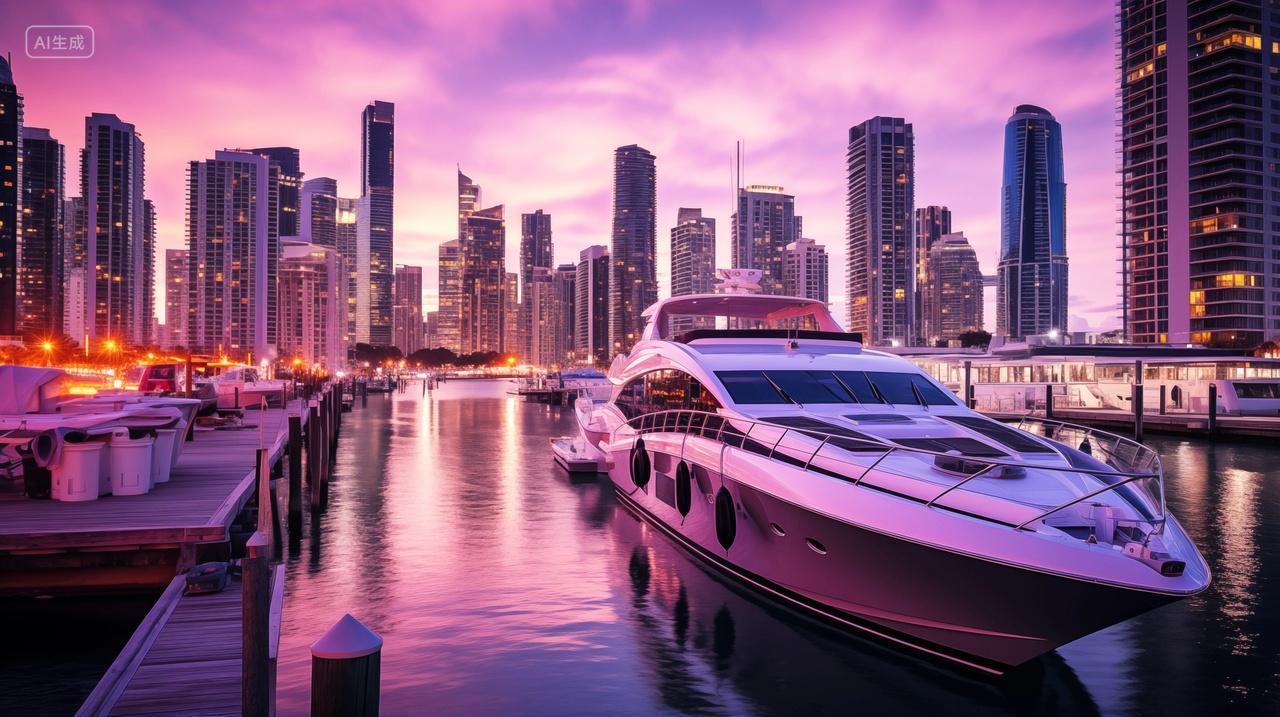辽宁大连傍晚海港海边游船城市夜景