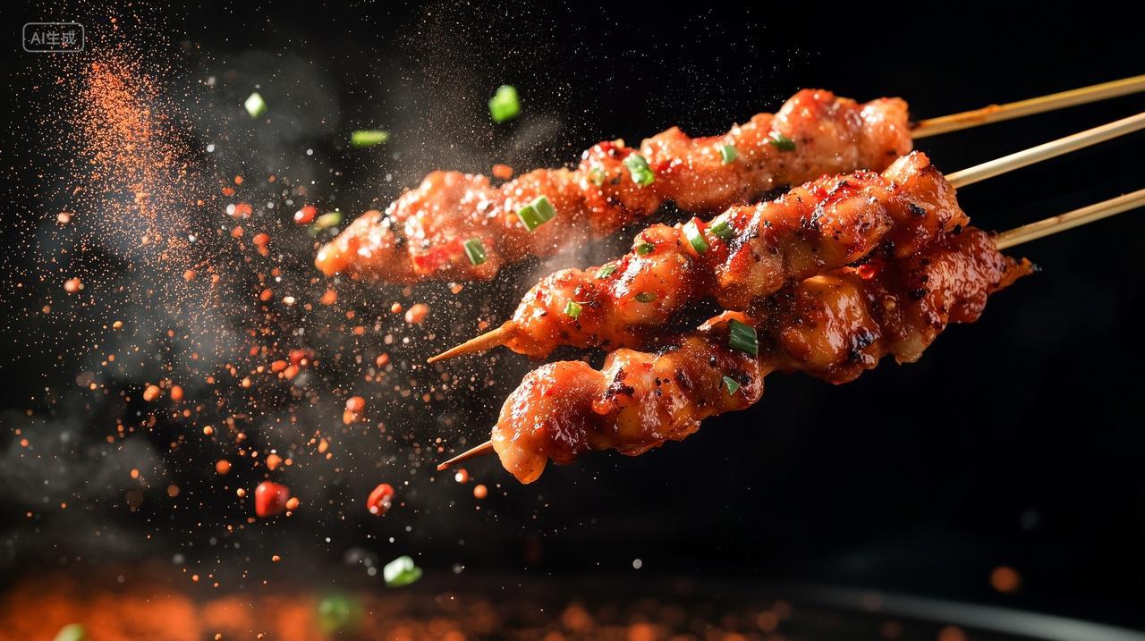 美食烧烤三串烤牛肉串羊肉串撒上调料葱花