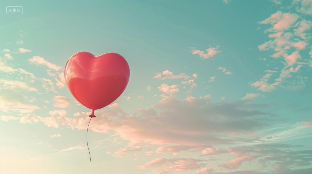 天空中漂浮着一颗红色爱心气球