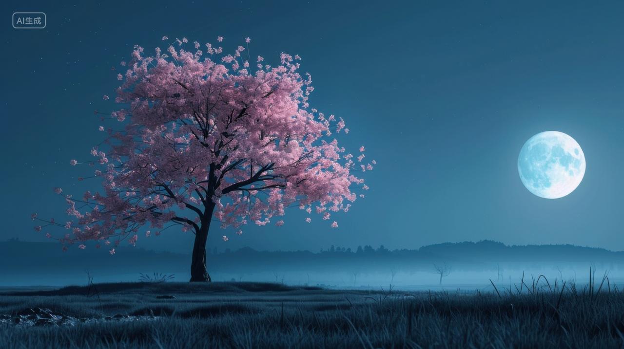 月光下的粉红樱花树