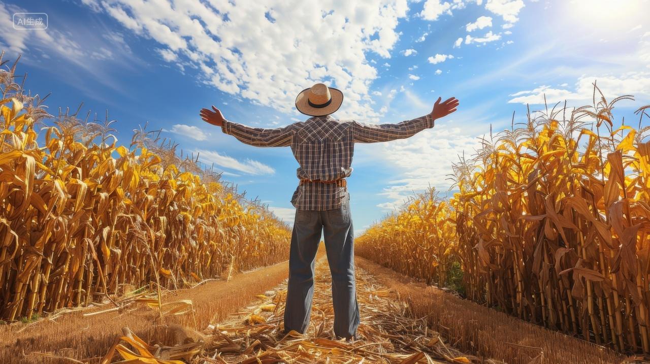 站在玉米地中间的男人背影