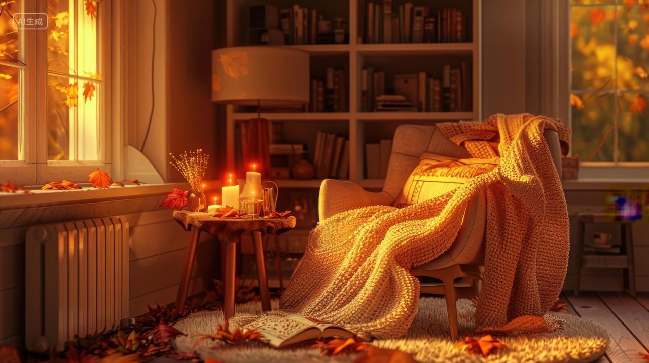 秋天的室内空间里椅子上放着一条围巾