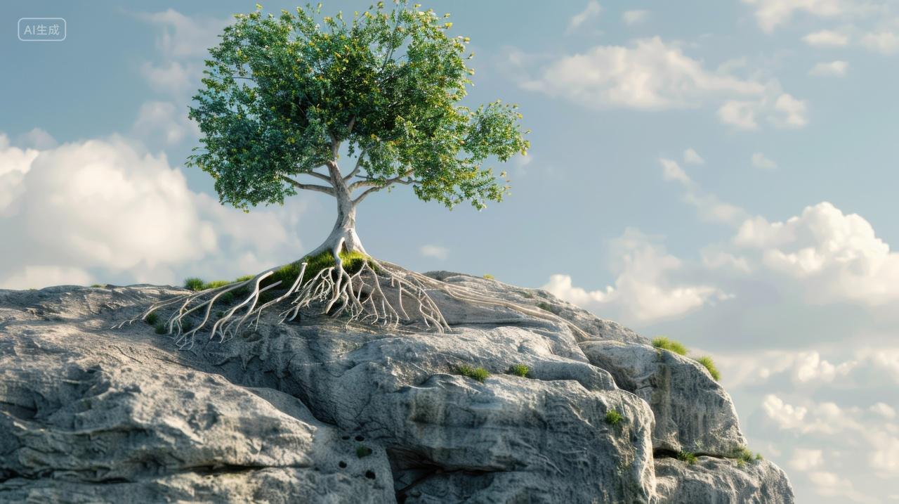 岩石上的一棵绿树