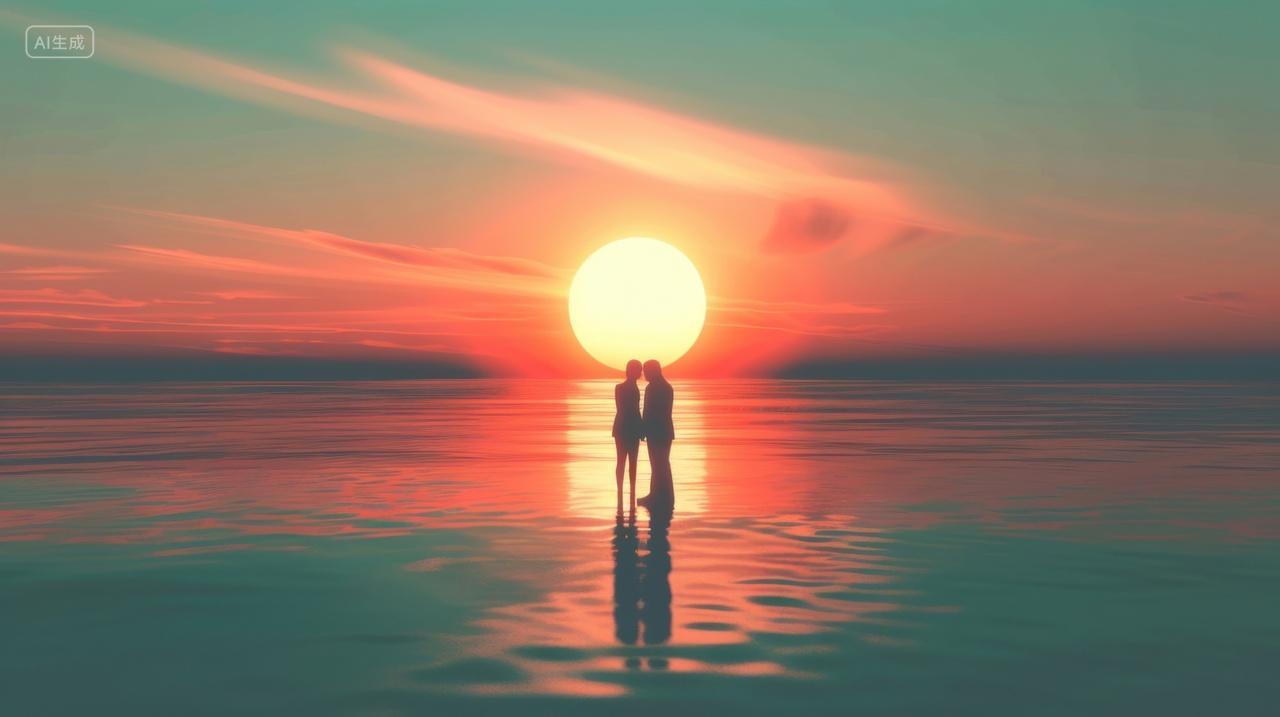 沙滩上夕阳下约会的情侣