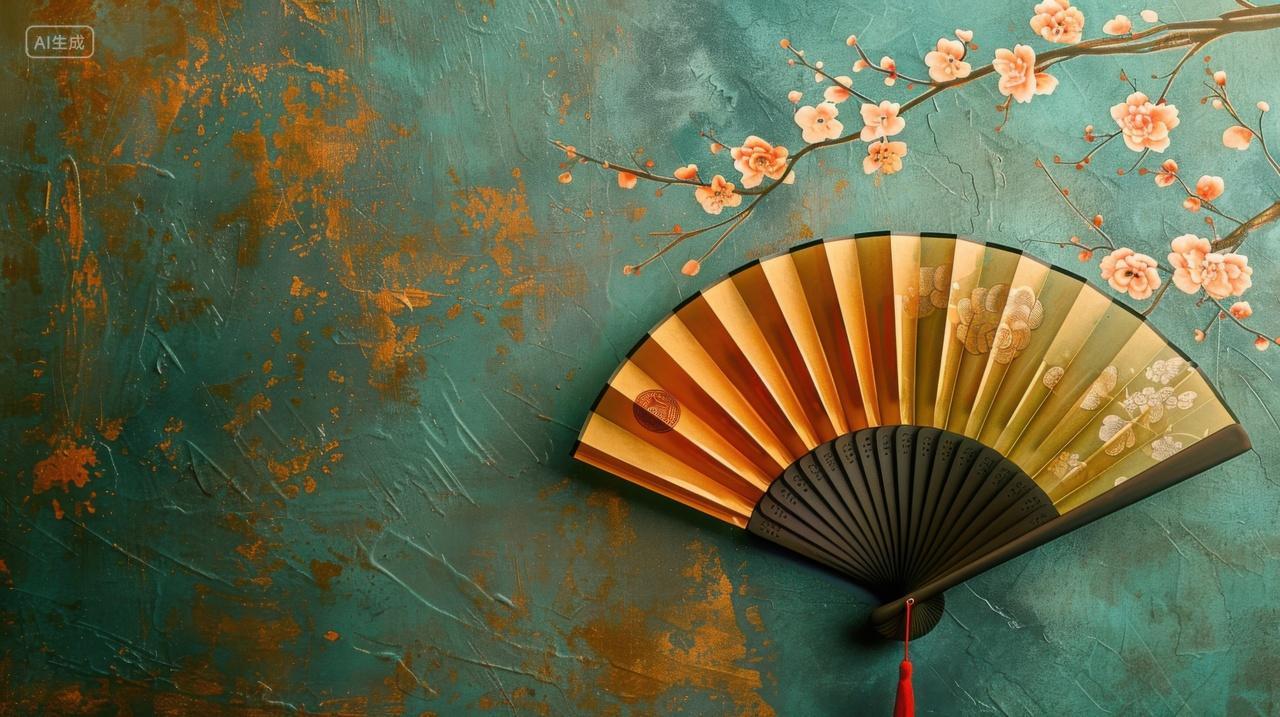 绿色背景上的扇子和梅花