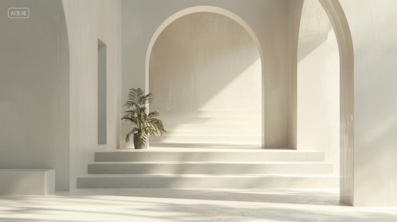 简约3D渲染场景拱门与阶梯