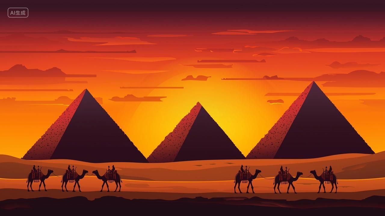日落中的金字塔与骆驼队