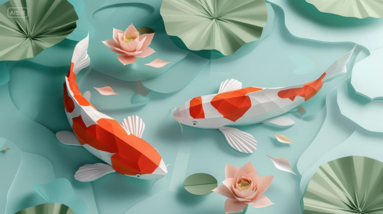 剪纸风格水中的锦鲤和荷叶荷花