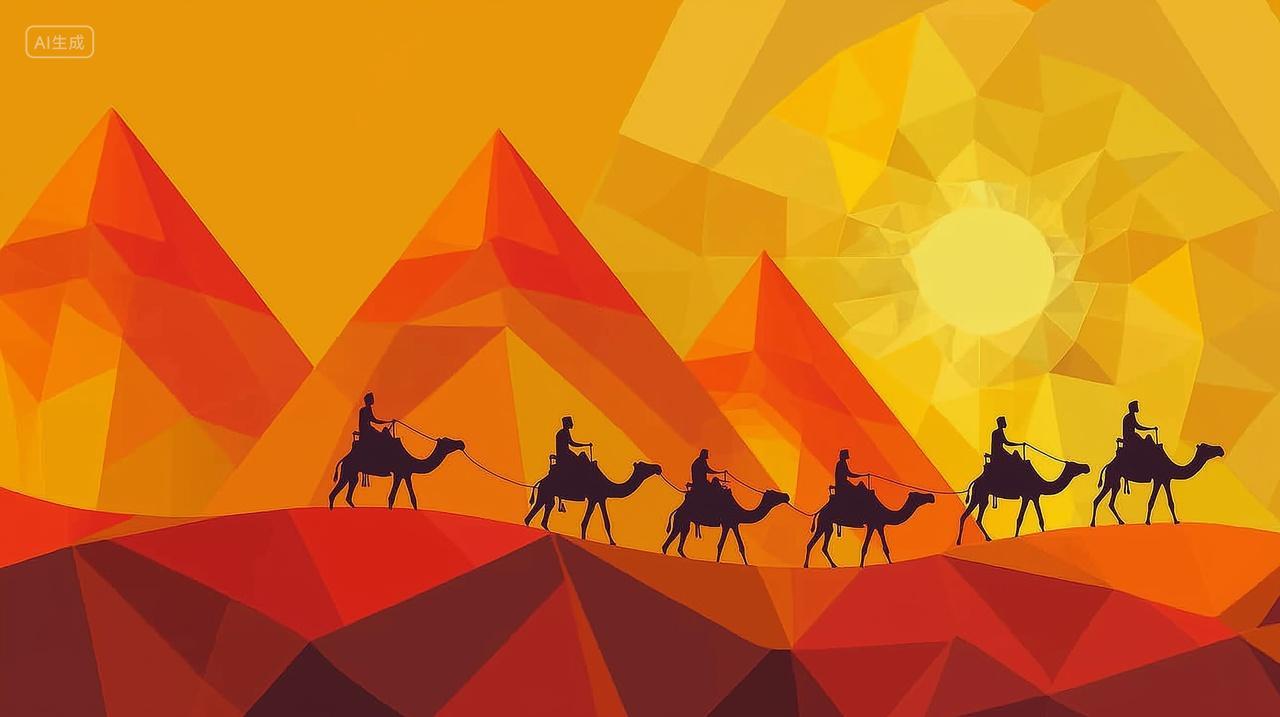 金字塔与沙漠驼队几何剪影