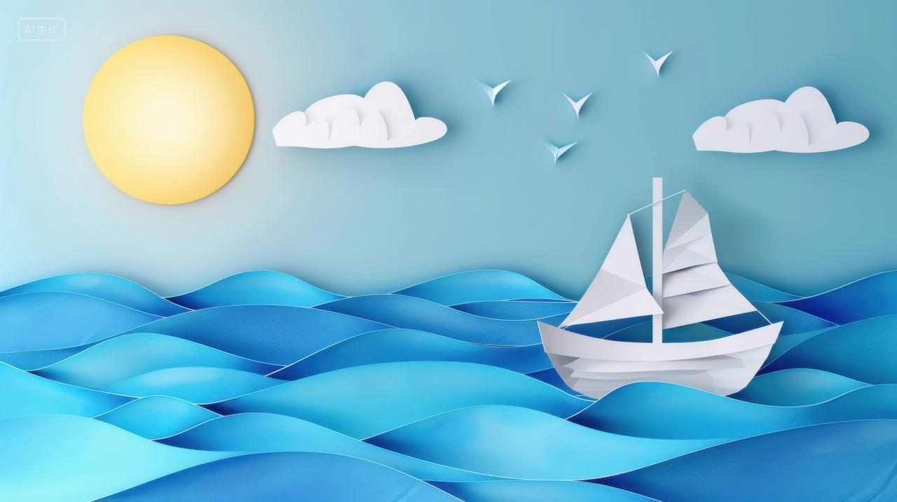 剪纸风插图波涛汹涌的海面上行驶的帆船