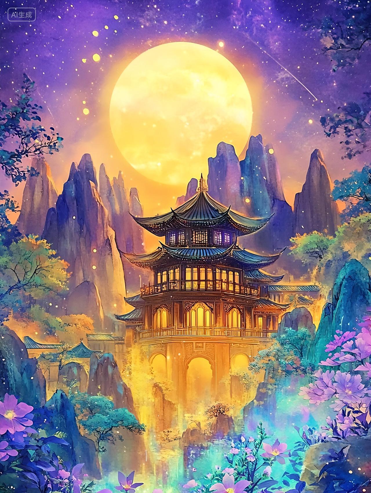 实拍风古代建筑中秋节明亮的月亮照耀在前方的山脉上