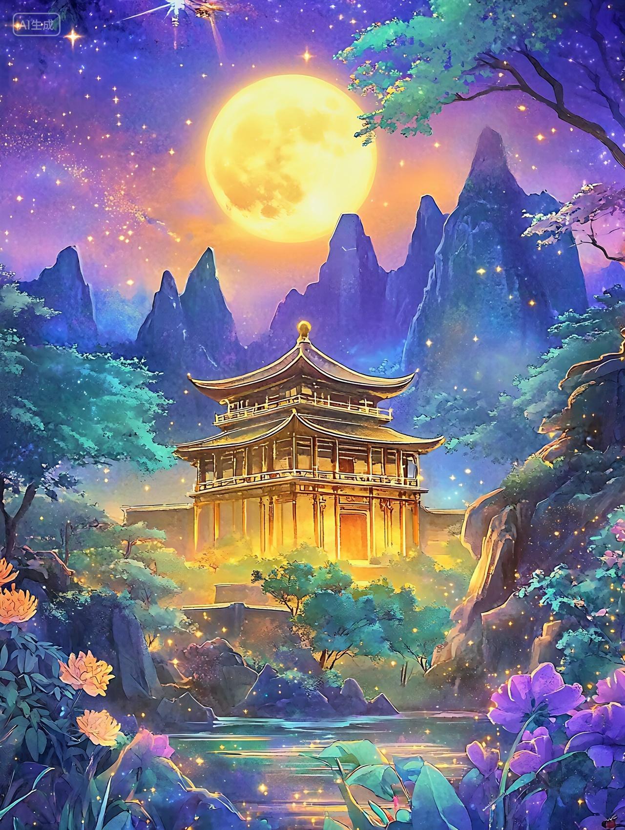 古代建筑中秋节明亮的月亮照耀在前方的山脉上