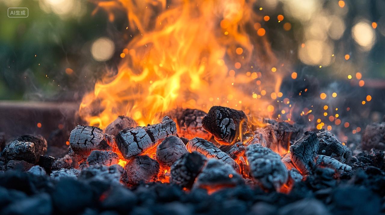 燃烧木柴木炭篝火特写