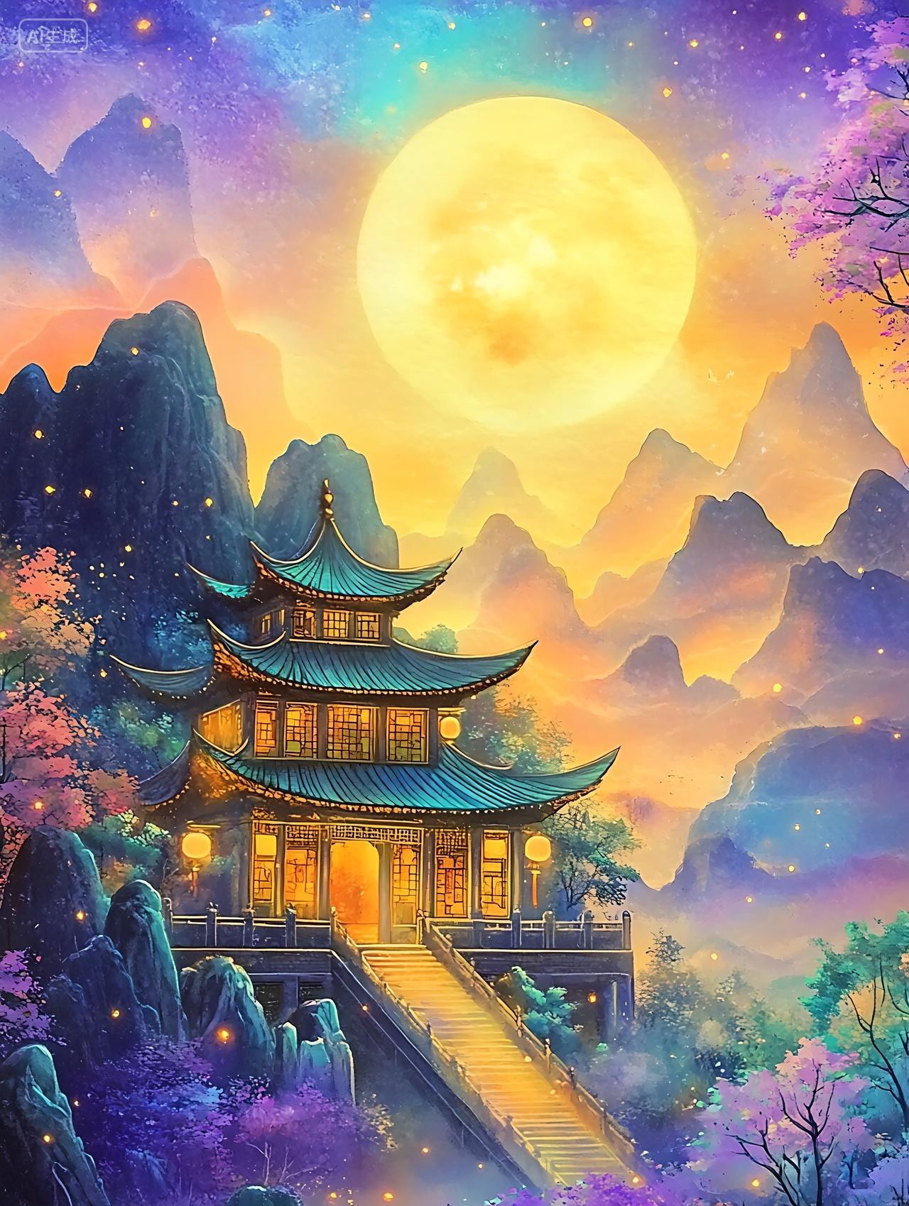 古代建筑中秋节明亮的月亮照耀在前方的山脉上