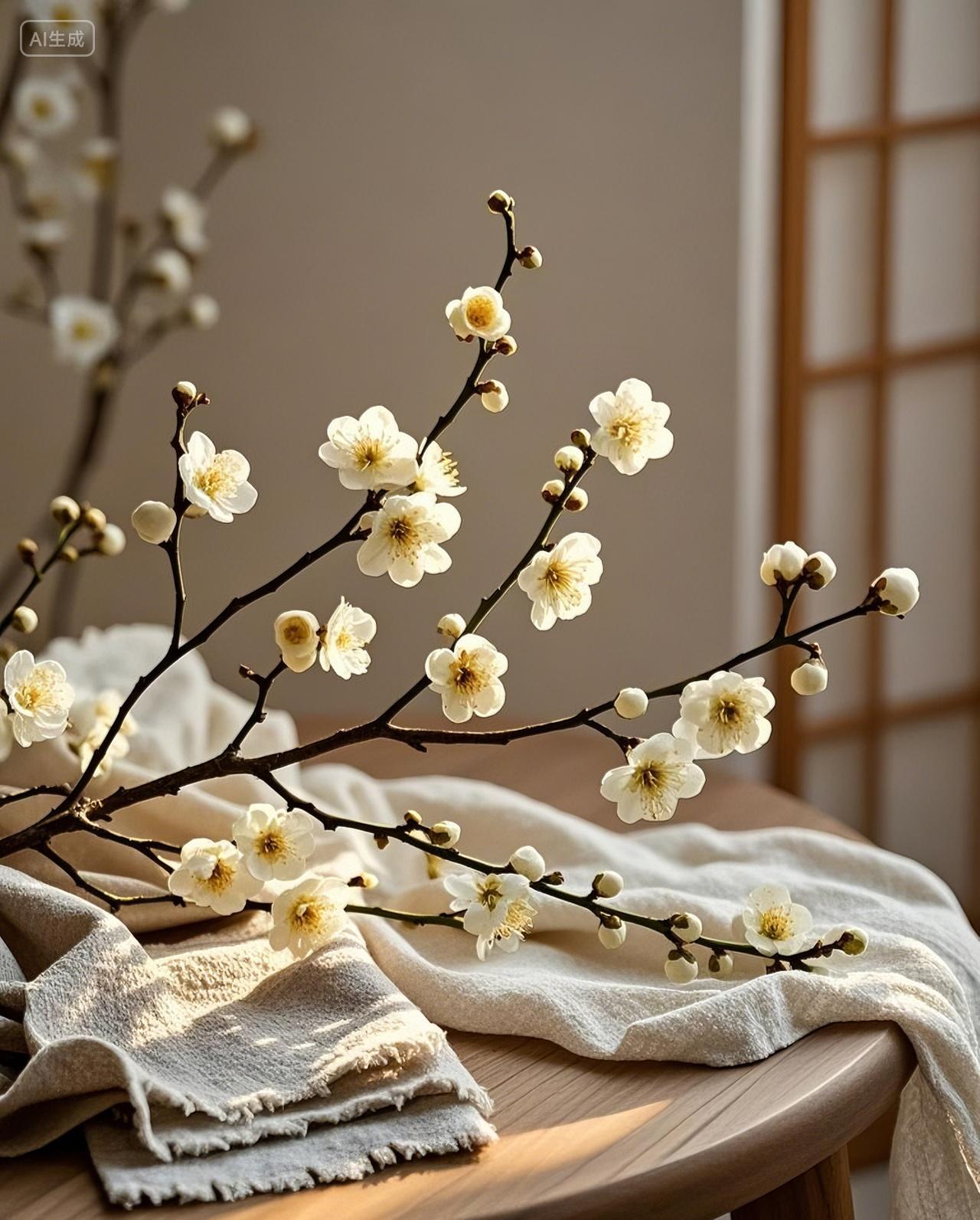 客厅里摆放的腊梅白梅花装饰场景静物丝绸布点缀植物唯美意境图