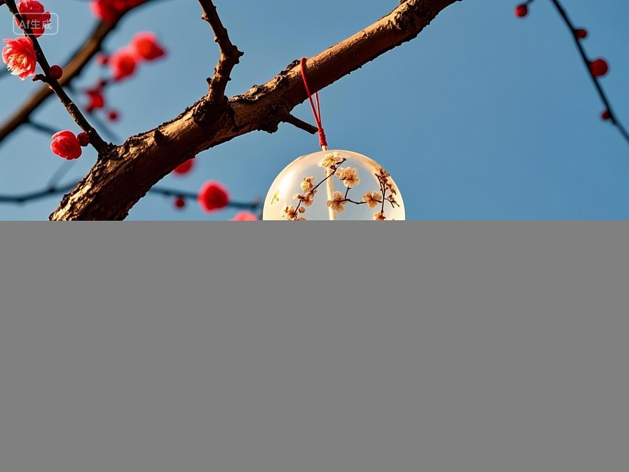 仰天蓝天白云中的红色梅花腊梅冬梅与随风飘荡的风铃玻璃自然风景风光图