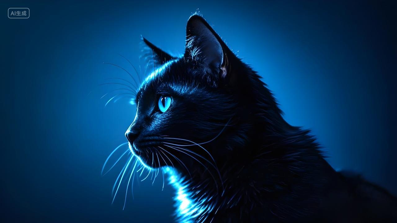 深蓝色高级极简主义简约时尚黑猫宠物动物萌宠猫咪小猫猫科动物头部特写侧面头像