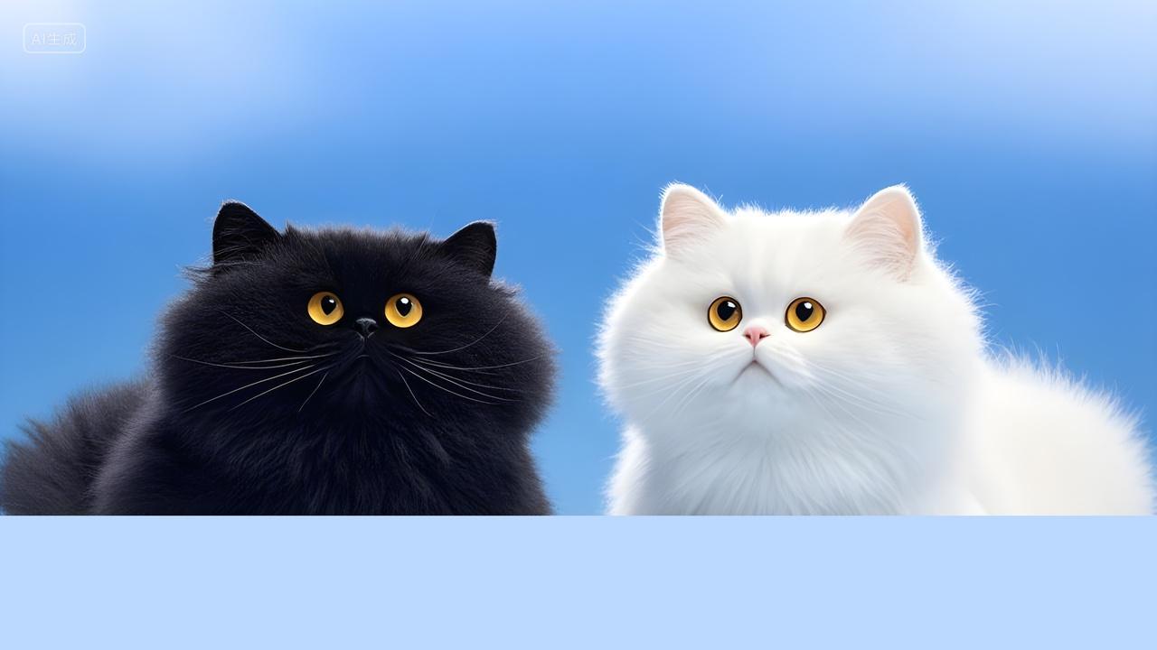 可爱萌宠动物长毛毛茸茸黑猫白猫猫咪小猫蓝色背景极简主义艺术插画
