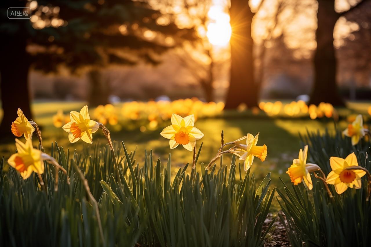 太阳逆光水仙花田自然风景夏至唯美电脑壁纸