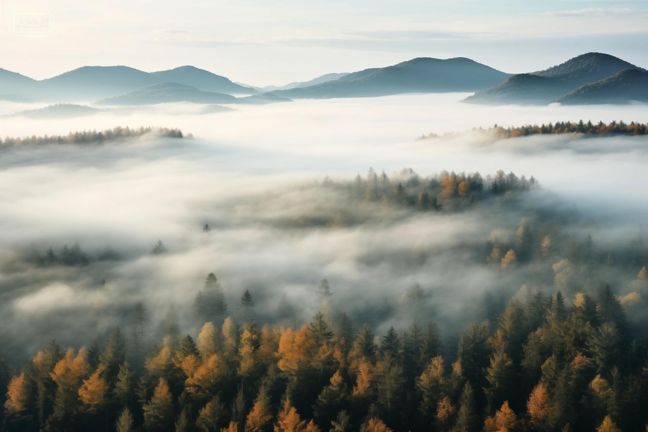 森林秋日清晨山林云雾仙境唯美风景