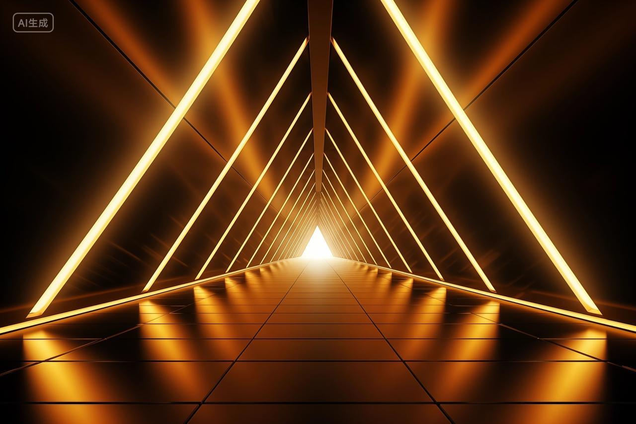 金色三角光影交错的科技感几何隧道科技感背景