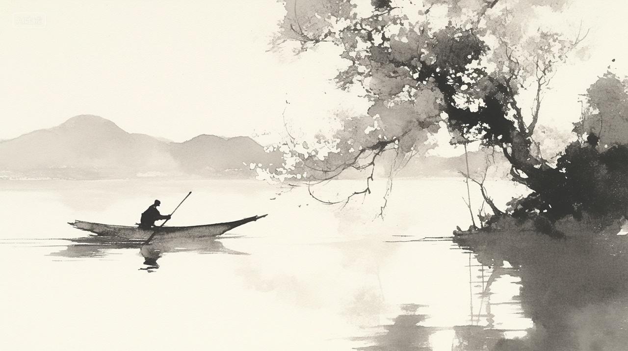 冬季水墨山水湖中心平静倒影舟上人划桨岸边樱花树宁静古风插画