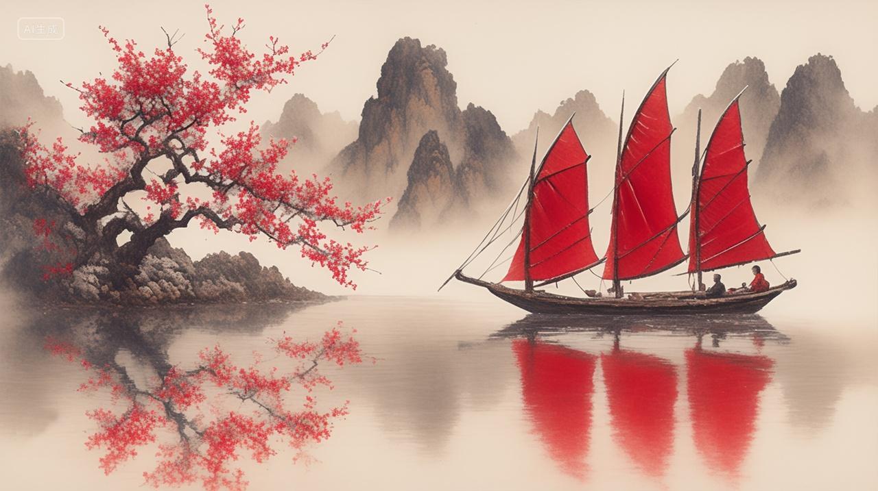 冬季水墨山水湖中心平静倒影舟上人划桨岸边樱花树宁静古风插画