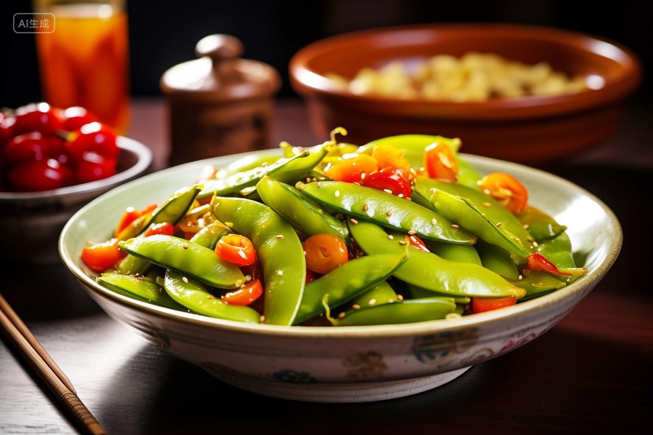 鲜嫩美味红椒豌豆凉拌美食实拍摄影图