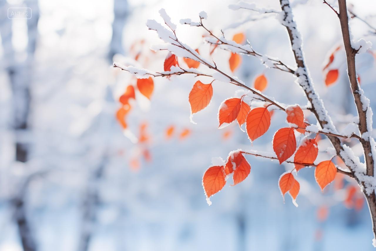 冬日雪景覆盖红叶唯美自然风景