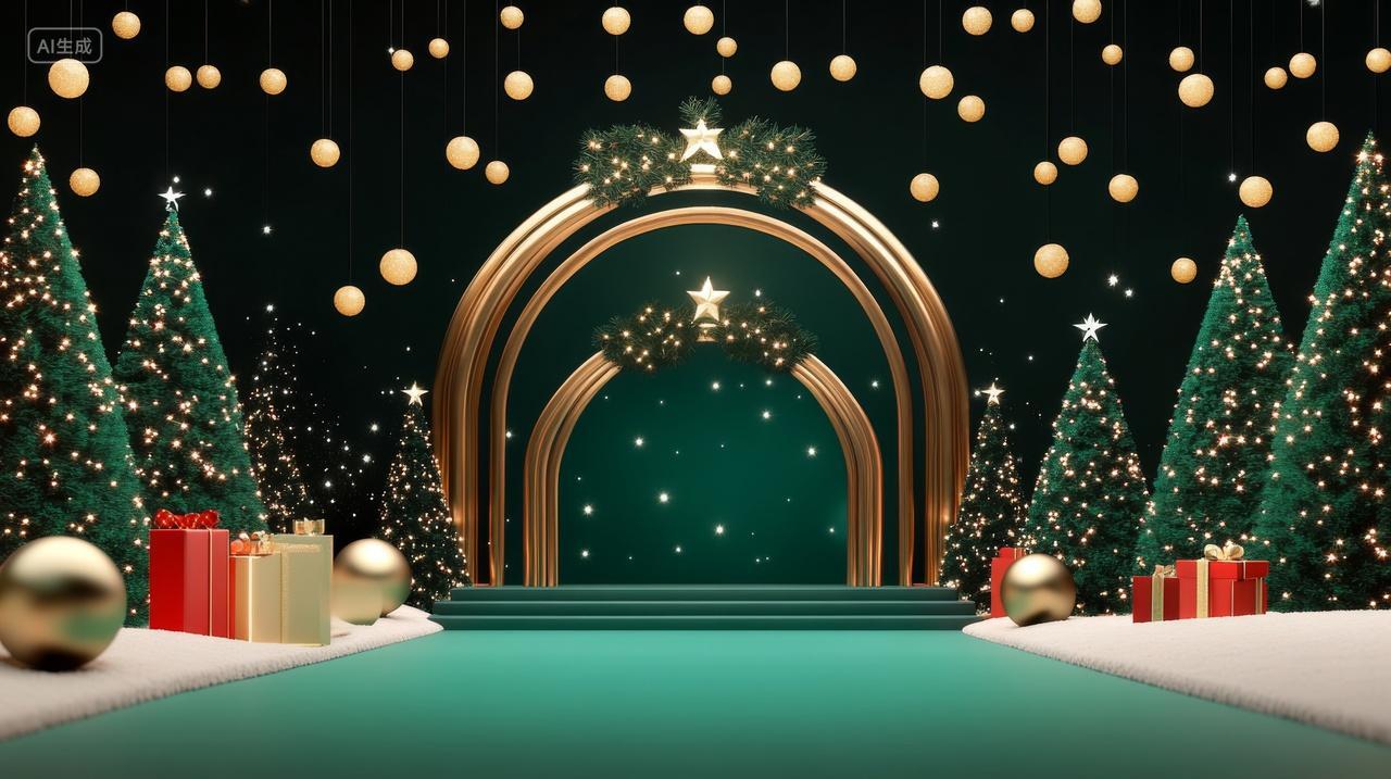 梦幻圣诞节场景晚会宴席绿色舞台背景海报