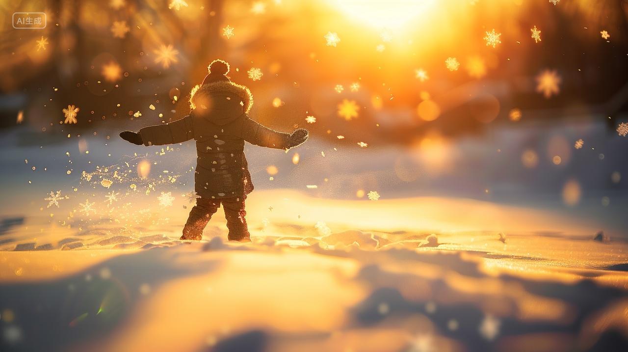 冬季冬天冬日晶莹雪地有人跳舞冬雪舞动雪花元素喜悦立冬小雪插画