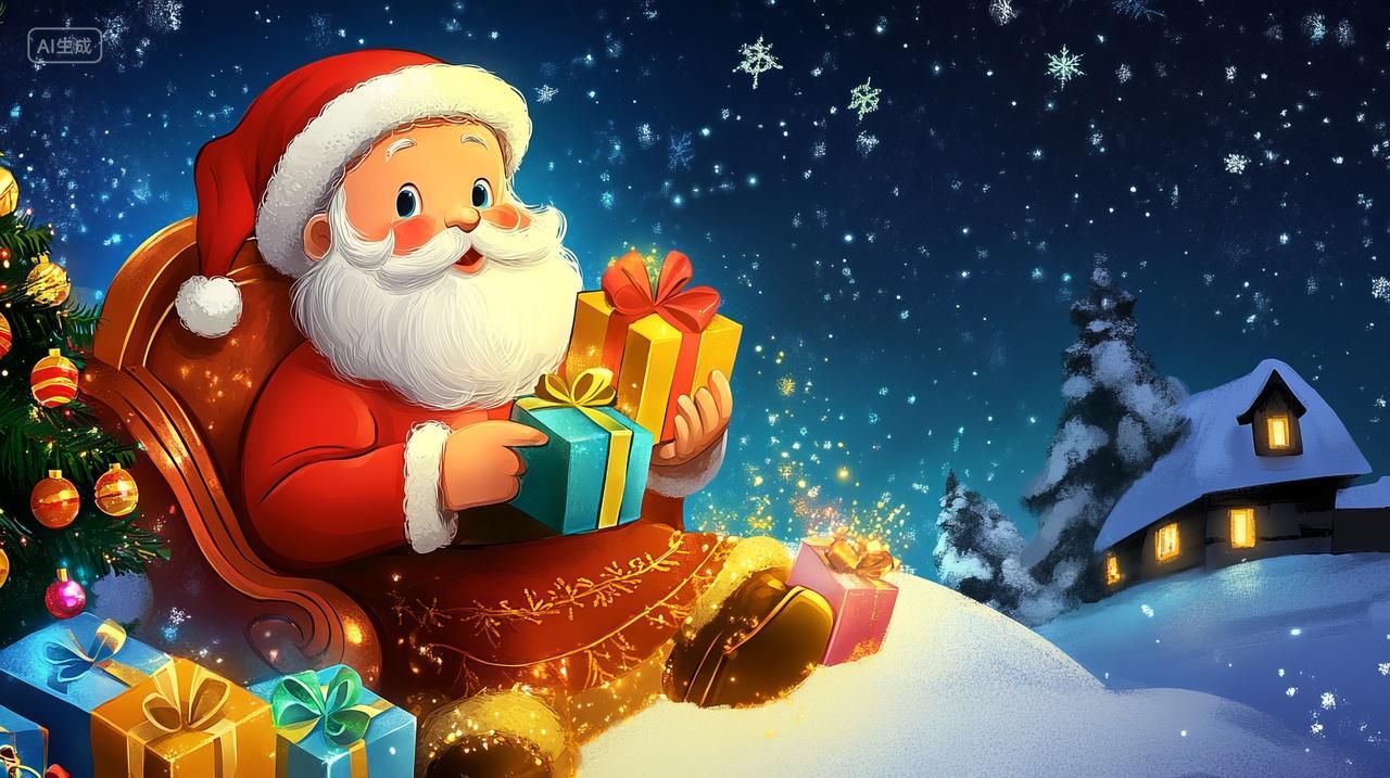 圣诞节之夜圣诞老人送礼物平安夜卡通壁纸