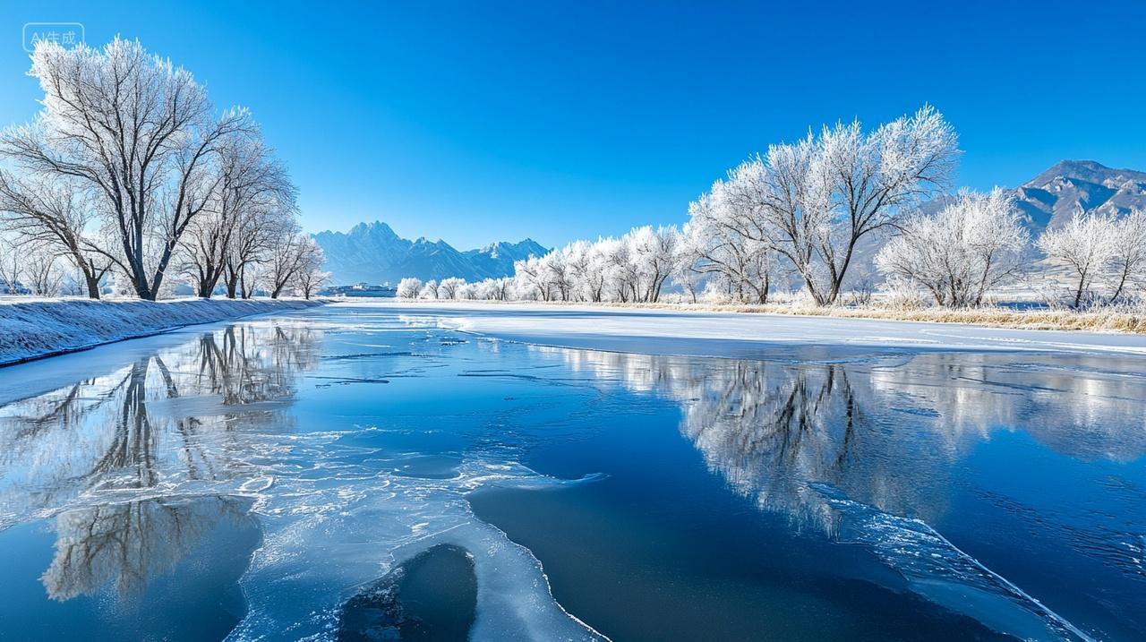 严寒冬天下结冰的河流湖泊风光风景唯美背景图电脑壁纸