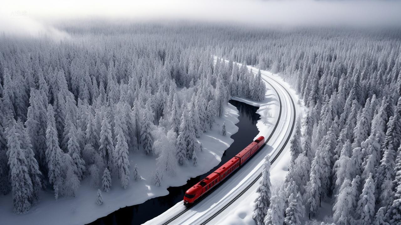 冬季雪地火车驶过白色雪道雪林宁静美丽立冬冬至小雪大雪插画