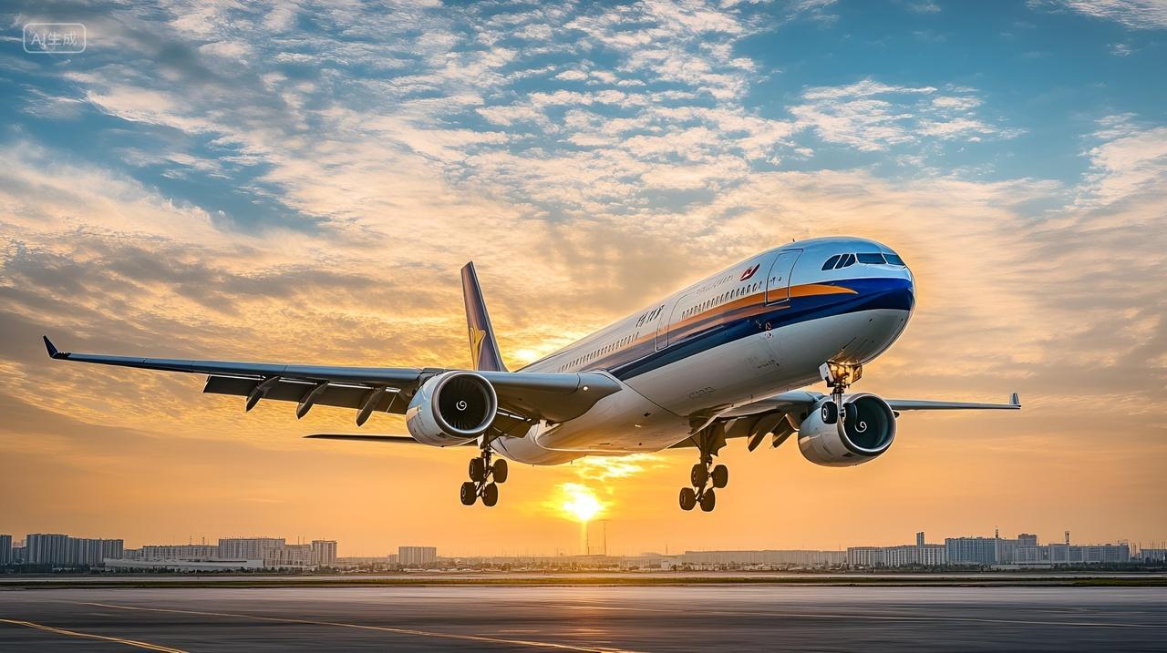 夕阳下飞机起飞降落旅行飞机跑道飞行