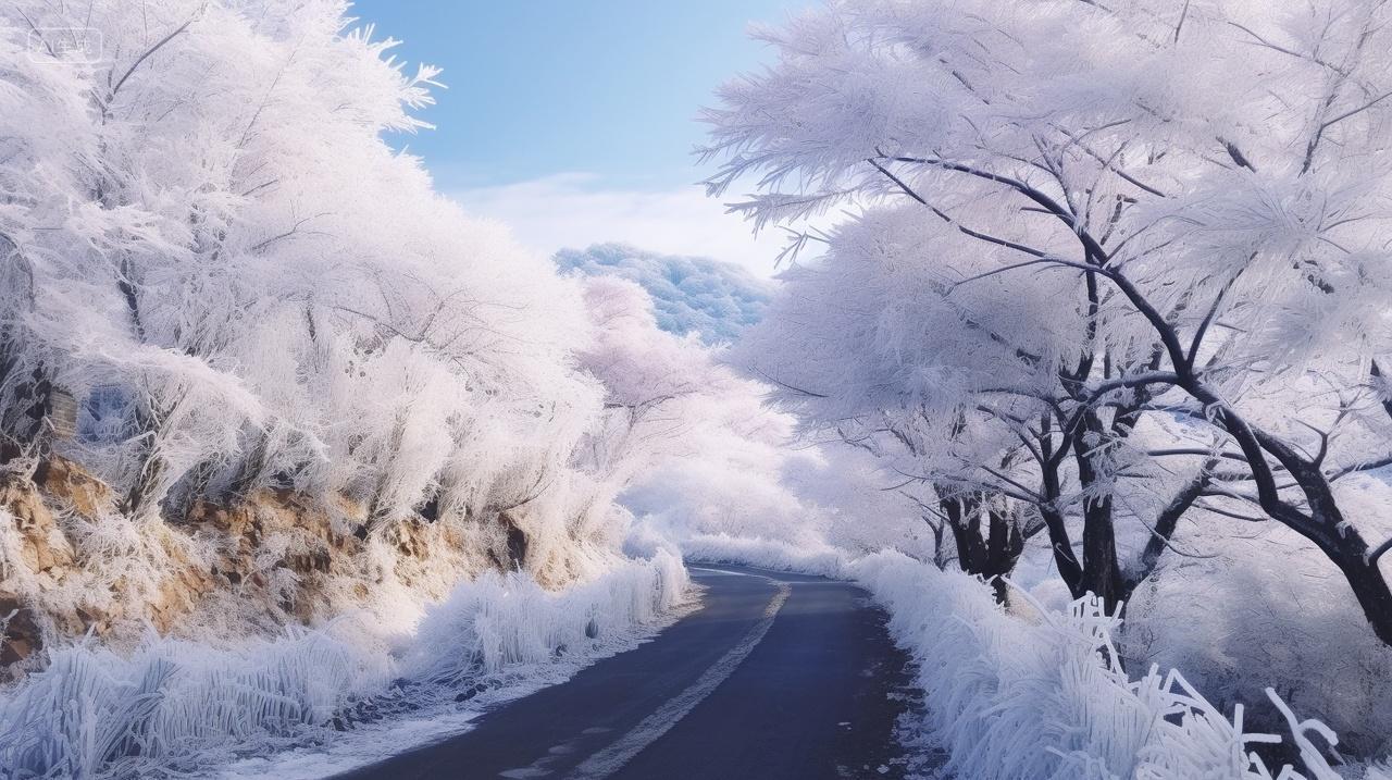 冬季冬天地马路旁边白色雪道雪林宁静美丽立冬冬至小雪大雪唯美背景图电脑壁纸
