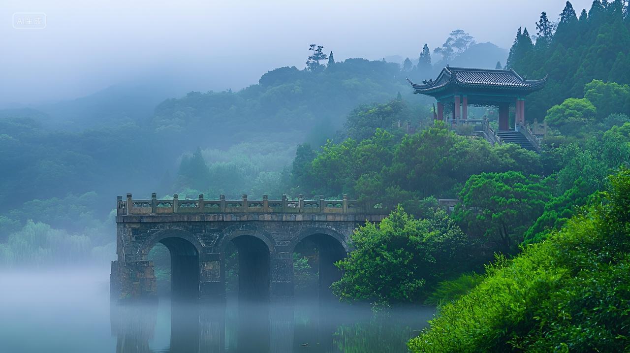 清晨云雾缭绕仙境山间古桥亭台楼阁古建筑
