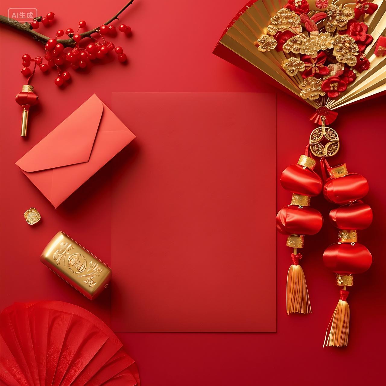 中国新年背景用红包对联鞭炮新年新春背景