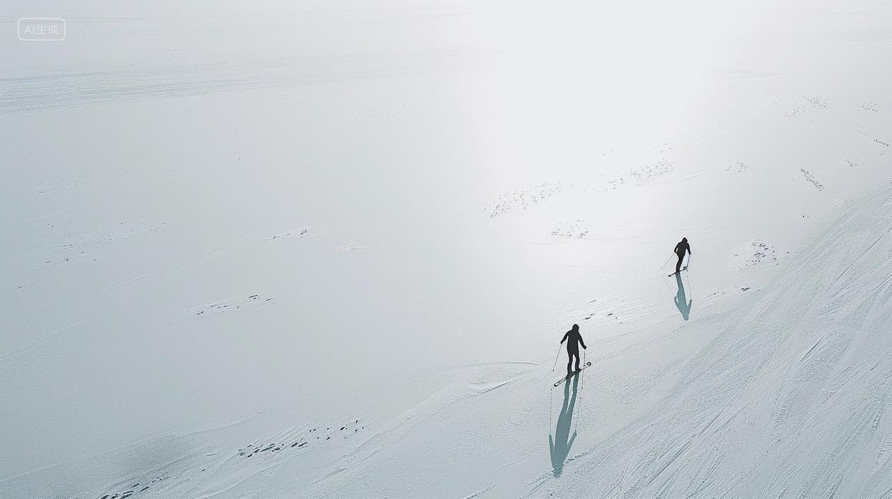 冬季美丽滑雪者在广阔雪地滑行背景立冬小雪大雪冬至插画