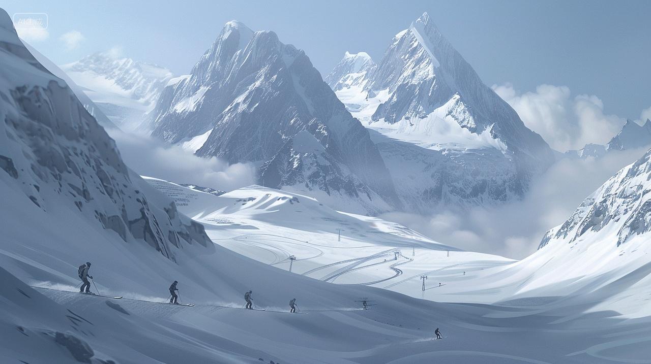 冬季美丽滑雪者在广阔雪地滑行雪山背景立冬小雪大雪插画