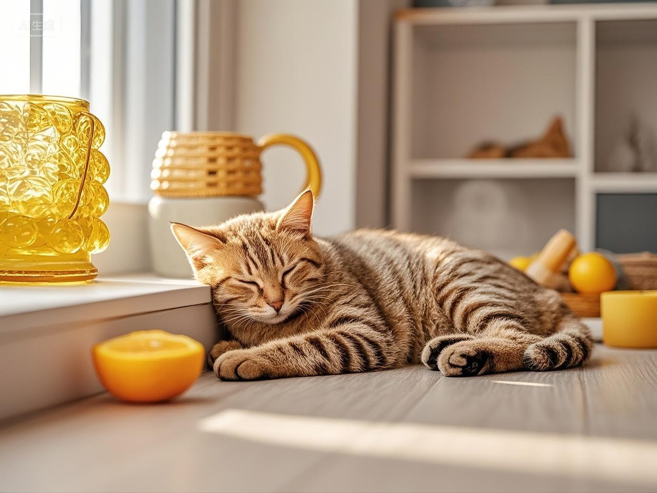 一只小猫咪躺在窗边睡觉宁静安逸温馨动物宠物