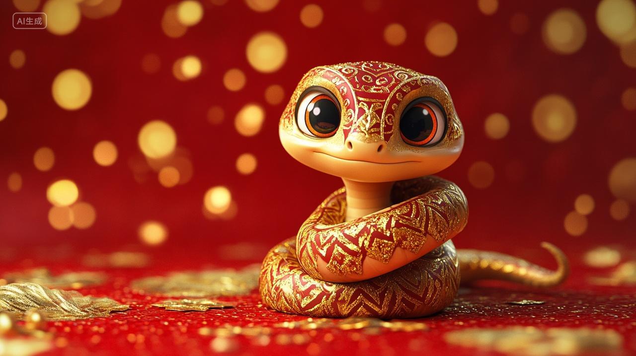 红色背景新年可爱蛇宝宝大眼睛金色花纹萌态2025蛇年大吉春节过年元旦插画