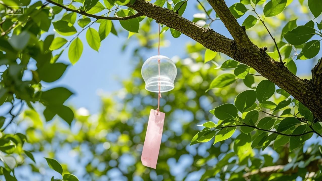 夏季风铃树枝绿叶蓝天祈福许愿背景图