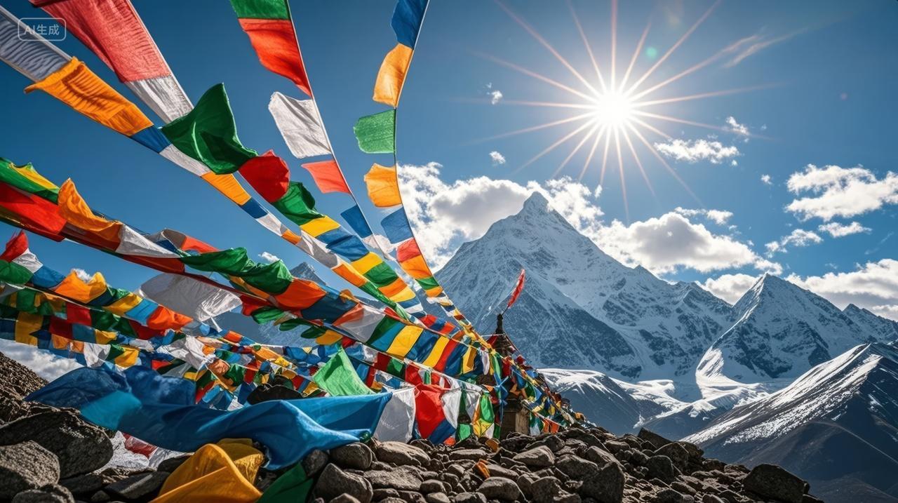 藏区雪山经幡祈福旅游信仰文化背景图