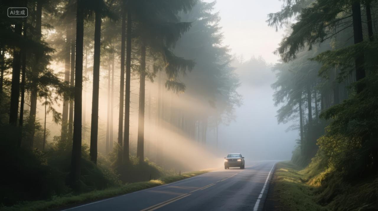 夏至节气森林公路汽车穿行阳光治愈系背景
