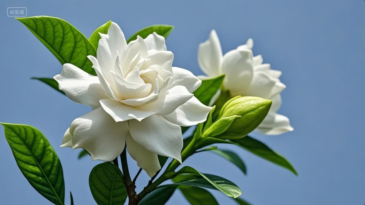 夏季栀子花开花卉白色清香植物背景图