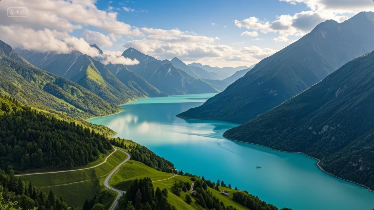 高山湖泊森林峡谷壮丽自然风光航拍背景图