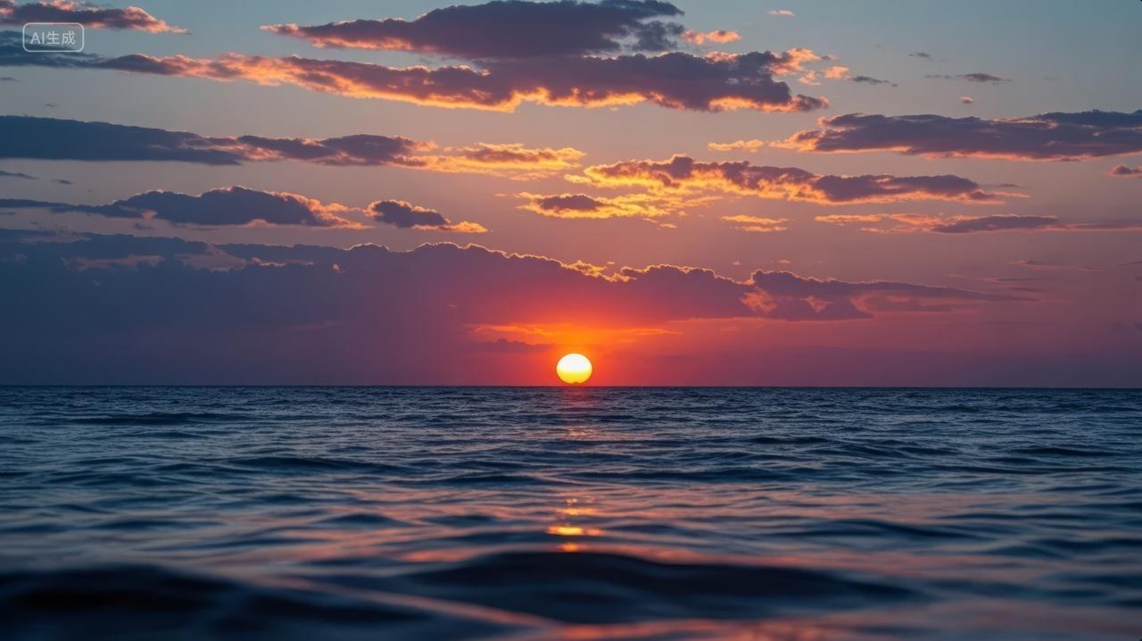 海上日出日落红霞满天宁静希望风景背景图